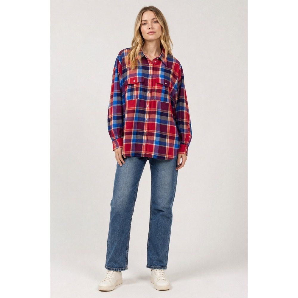 Lauren Ralph Lauren Button Front Shirt Womens Plus 2X Red Blue Plaid Cotton